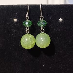 Silver-Toned Green Beaded Dangle Earrings